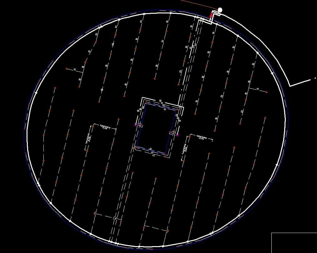 Circular sports-field irrigation layout showing sprinkler placement and coverage