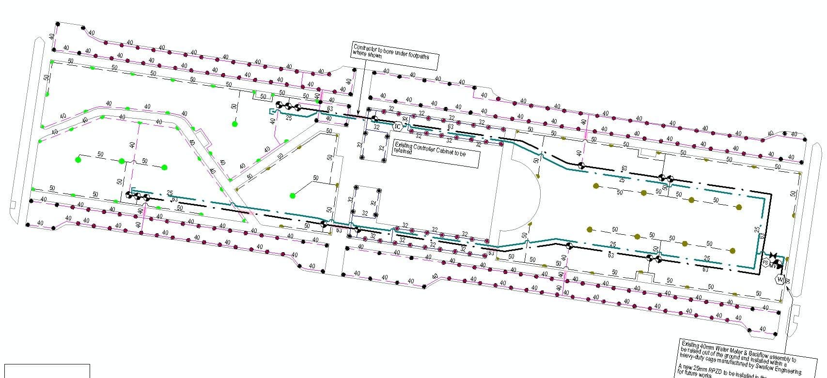 Large municipal reserve irrigation design showing multiple pipe sizes, irrigation zones and existing infrastructure