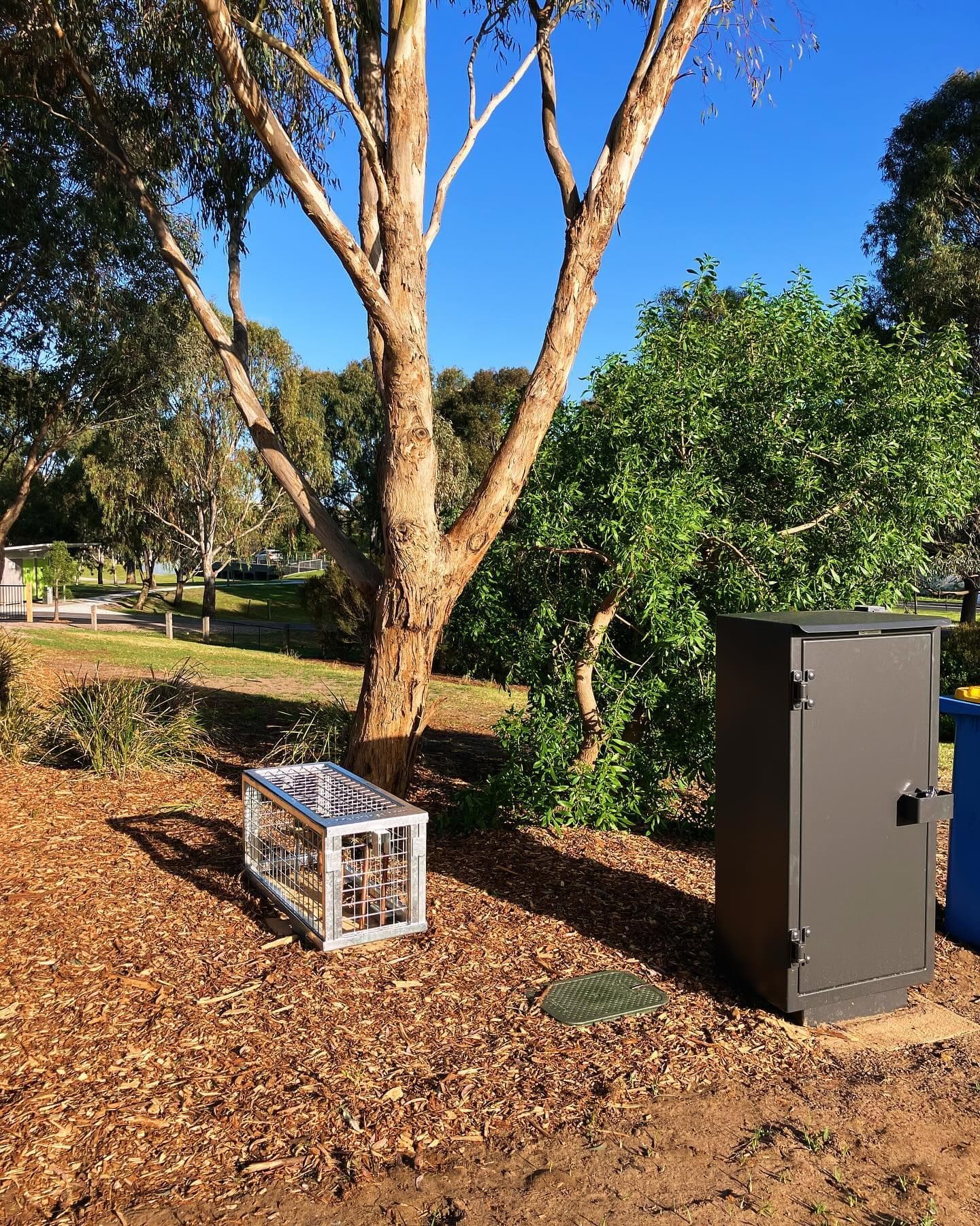 Irrigation control cabinet beside a smaller protected equipment enclosure in a park setting