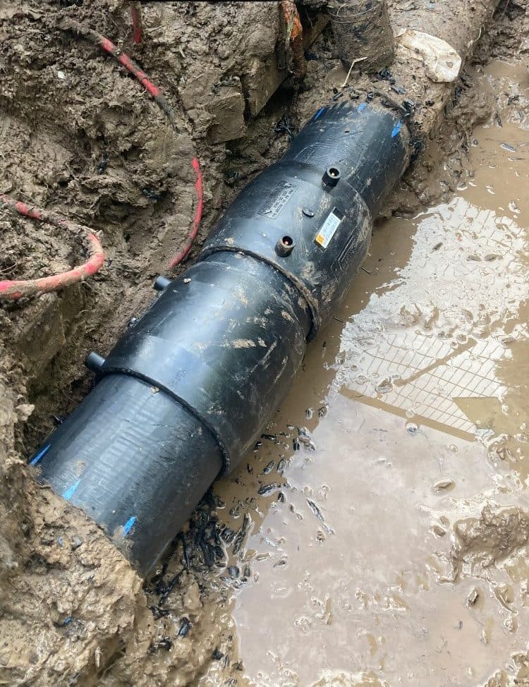 Completed 160mm mainline repair using poly pipe and fusion-welded fittings